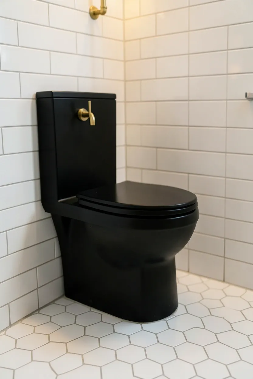 Black shower curtain on a brass rod in a rental bathroom adding dramatic dark accent with easy installation