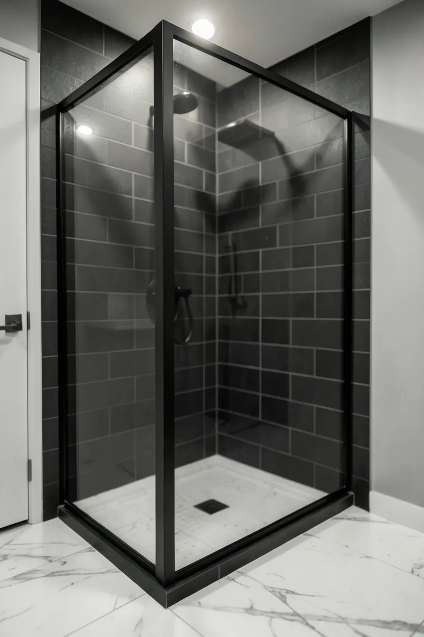 Black framed shower enclosure with clear glass panels in a light-tiled bathroom — sleek architectural lines for a modern look