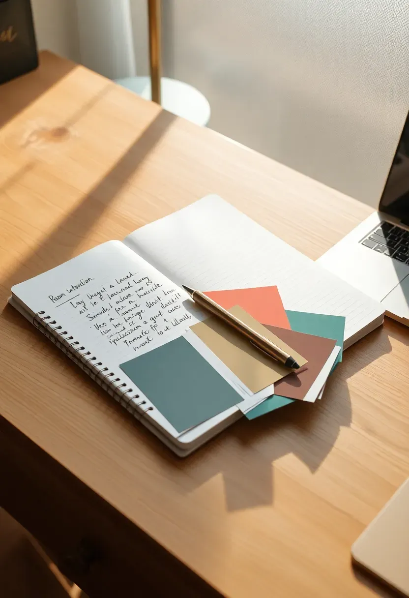 Notebook with room budget and intention notes on a wooden desk