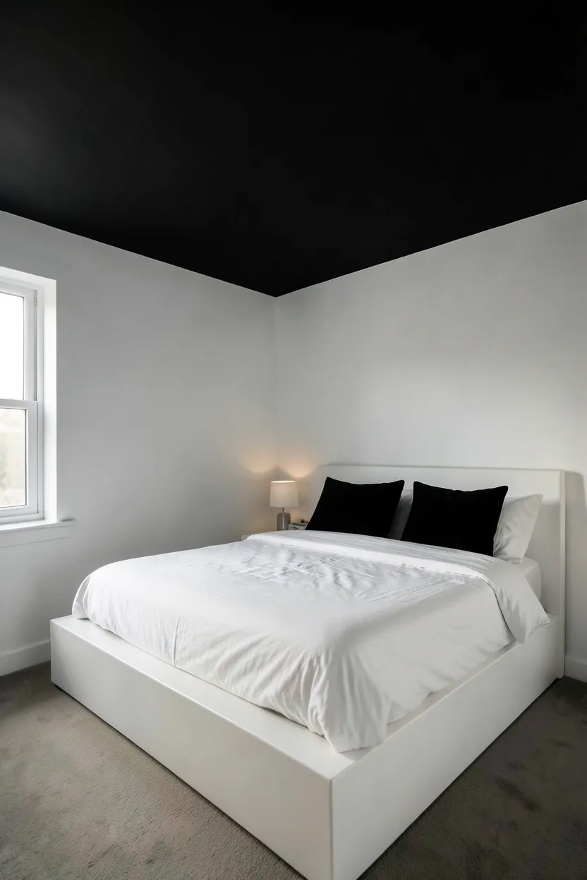 Dramatic matte black painted ceiling above bright white bedroom walls with white bedding creating a cocoon-like atmosphere