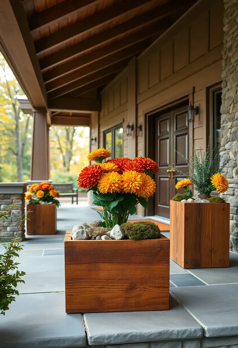 Hyper-realistic wide shot of a Craftsman front porch with natural fall decor. Quarter-sawn oak planters with visible joinery contain mums in russet, mustard, and deep green. River stones surround the base of planters. Moss and wood bark add texture to arrangements. Wide front porch with exposed rafters and stone columns. Dark wood front door with hand-forged copper hardware. Stone porch floor with visible craftsmanship. Soft afternoon light filtering through large overhangs. Visible bungalow architecture. No text, no logos, no watermarks.</p>