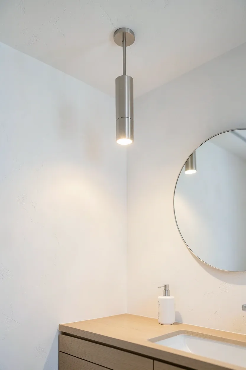Single cylindrical brushed nickel pendant light above floating vanity in a neutral white minimalist bathroom