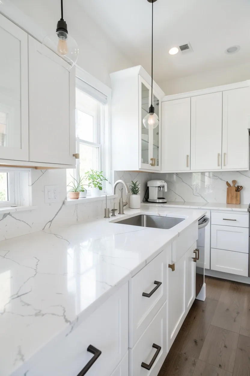 White Quartz Countertops with Subtle Veining