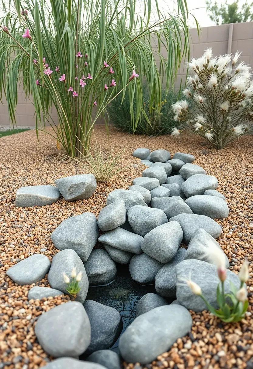 Arizona rain garden with desert willows, rocks, and native plants in a sunken basin designed to capture and infiltrate monsoon stormwater