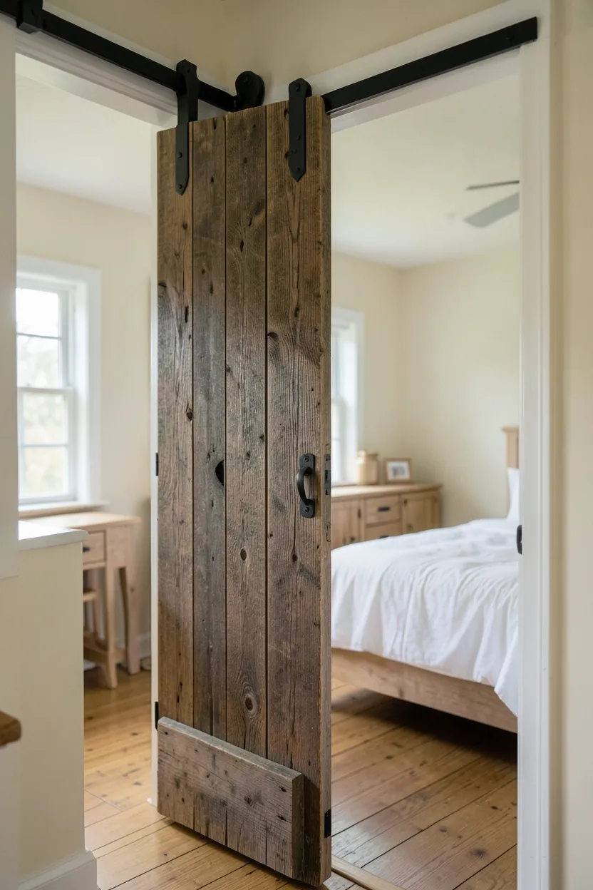Hyper-realistic eye-level photograph of rustic bedroom entrance with sliding barn door made of weathered wood planks. Distressed barn door with black metal hardware on track above, visible bedroom interior with white bed and wooden furniture, cream walls with natural light. Materials: reclaimed wood barn door planks, black metal hardware track, white cotton bedding, pine furniture. Natural light from window, authentic farmhouse atmosphere. Shallow depth of field, sharp details on barn door texture and hardware, balanced composition showing door and room beyond. No text, no logos, no watermarks.</p>