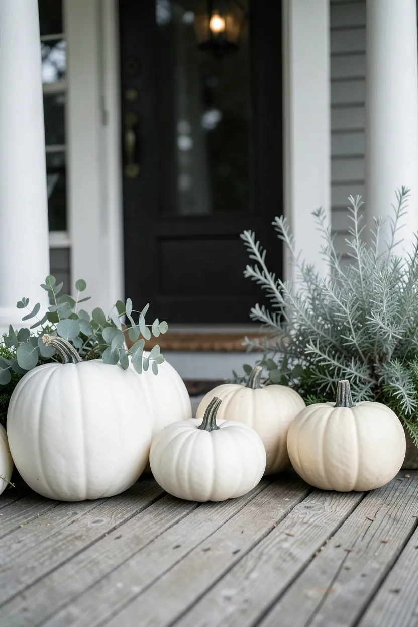 Hyper-realistic slightly elevated photograph of a fall front porch featuring an elegant arrangement of white and cream-colored pumpkins in various sizes with subtle ribbed textures, accented with silver eucalyptus sprigs. Materials: smooth white pumpkin surfaces, ribbed cream pumpkins, dusty miller greenery, silver eucalyptus, weathered porch floorboards. Soft diffused morning light, gentle shadows. Sophisticated modern atmosphere. Shallow depth of field, sharp details on pumpkin surfaces, balanced composition showing front door and porch columns. No text, no logos, no watermarks.</p>