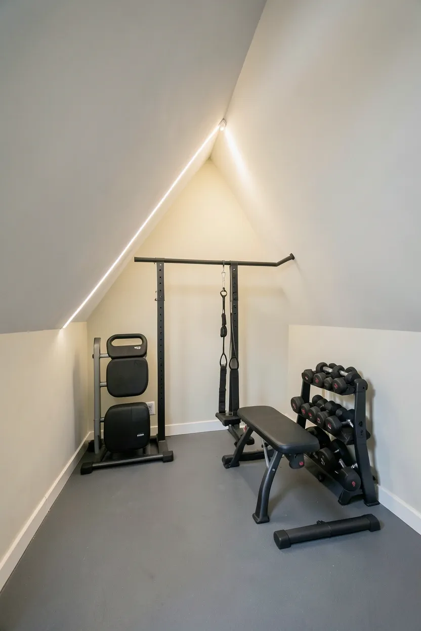Under-stairs workout nook with wall-mounted suspension trainer, compact dumbbell rack, and LED strip lighting — creative small gym room in dead space