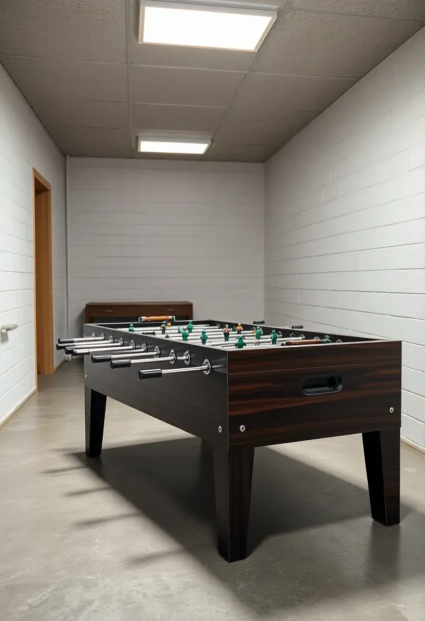 Foosball table in a well-lit basement recreation area with concrete floors