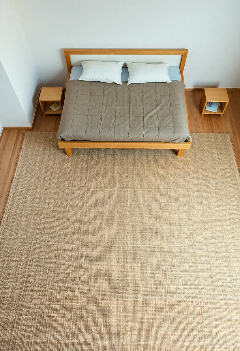 Large jute or wool rug covering bedroom floor