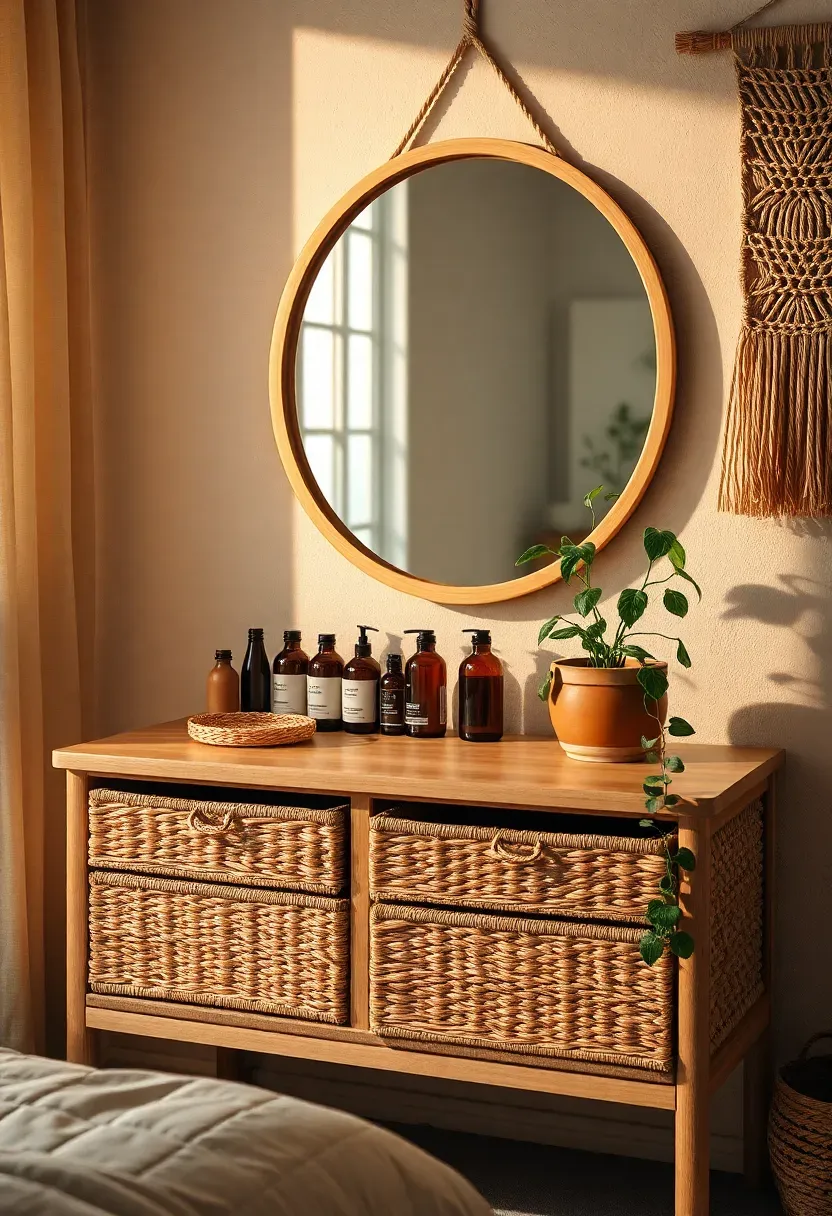 relaxed bohemian rattan vanity with natural textures and earthy aesthetic