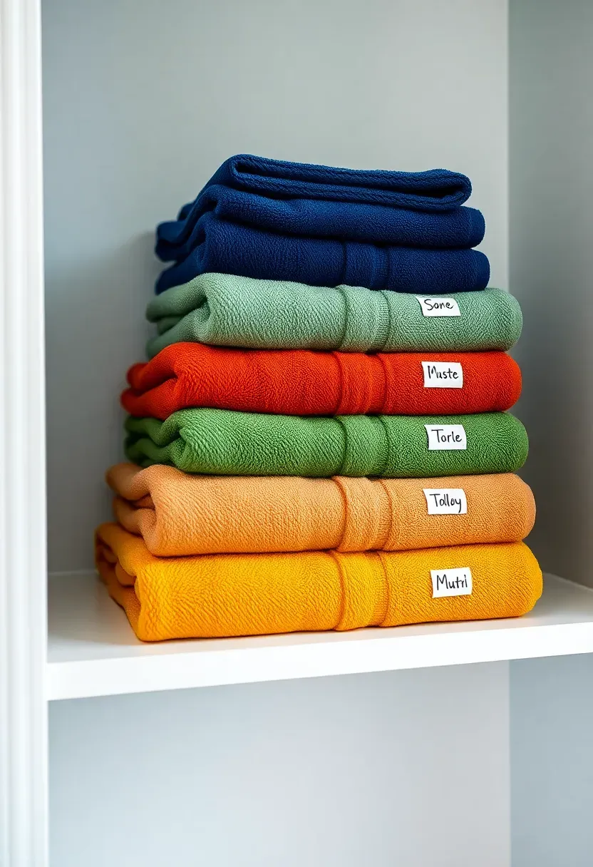 Stack of folded bath towels in four different colors arranged on a bathroom shelf with each color labeled to a family member