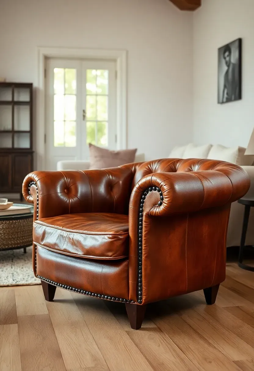 Hyper-realistic detail view of cognac leather club chair in rustic minimalist living room with light wood floor. Materials: vintage cognac leather with visible patina and character, nailhead trim, wood legs, cream linen sofa visible in background. Warm ambient daylight. Composition showing leather as rich accent material. Focus on leather texture and color. No text, no logos, furniture design magazine style.</p>