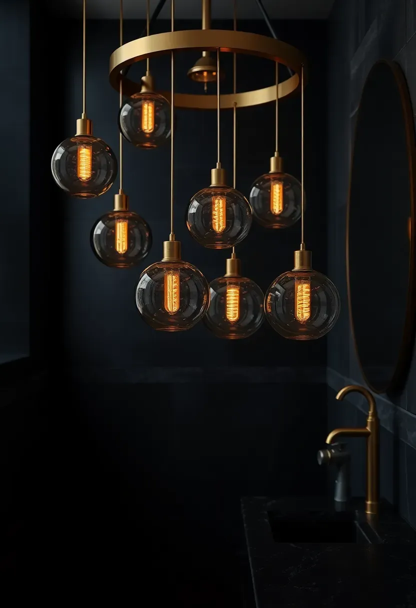 Cluster of smoked glass orbs in varying sizes hanging from a brass canopy in a moody dark bathroom