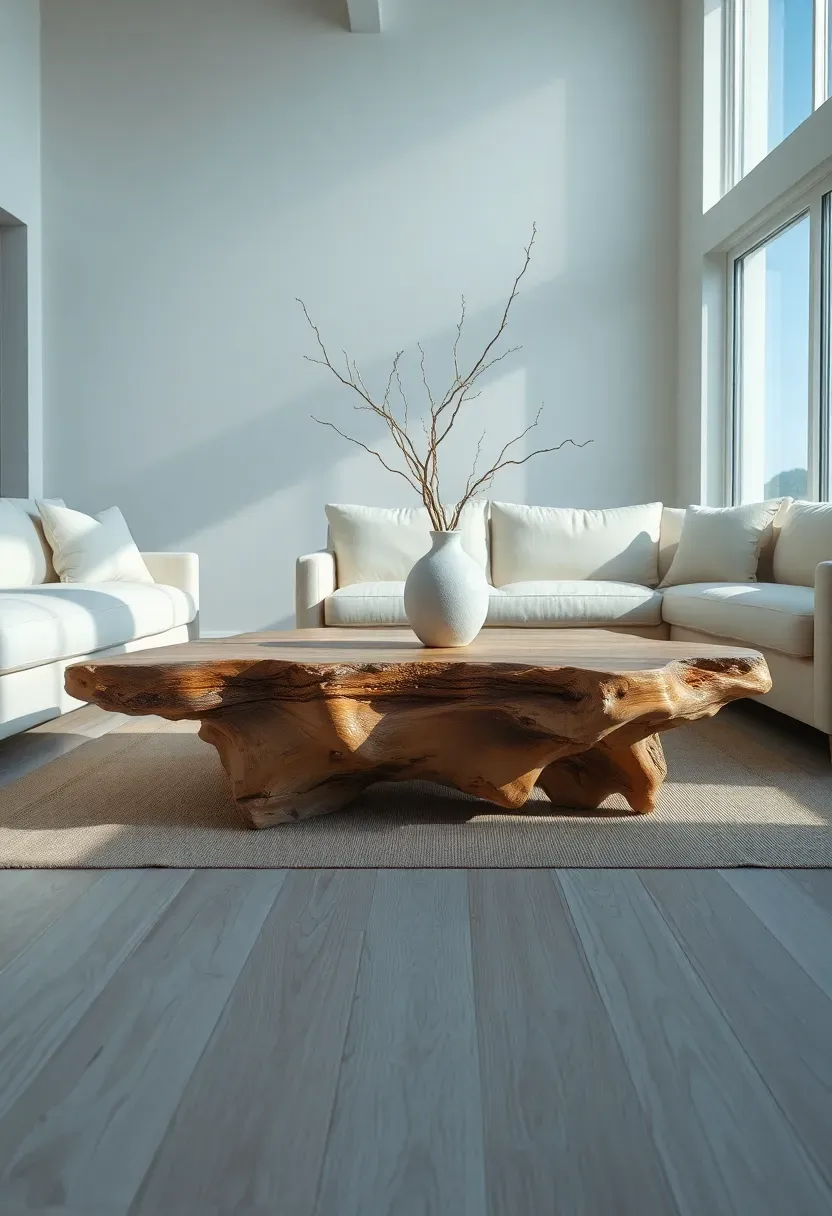 Hyper-realistic wide view of coastal-inspired minimalist living room. Large driftwood coffee table as centerpiece, cream linen sofa, driftwood branch arrangement in ceramic vase, light oak flooring. Materials: sun-bleached driftwood with smooth weathered texture, linen upholstery, white oak, matte ceramic. Bright natural daylight with cool blue tones suggesting proximity to water. Serene coastal mood with neutral palette. Shallow depth of field, sharp details on driftwood grain, minimalist arrangement, visible large window with glimpse of water/sky.</p>