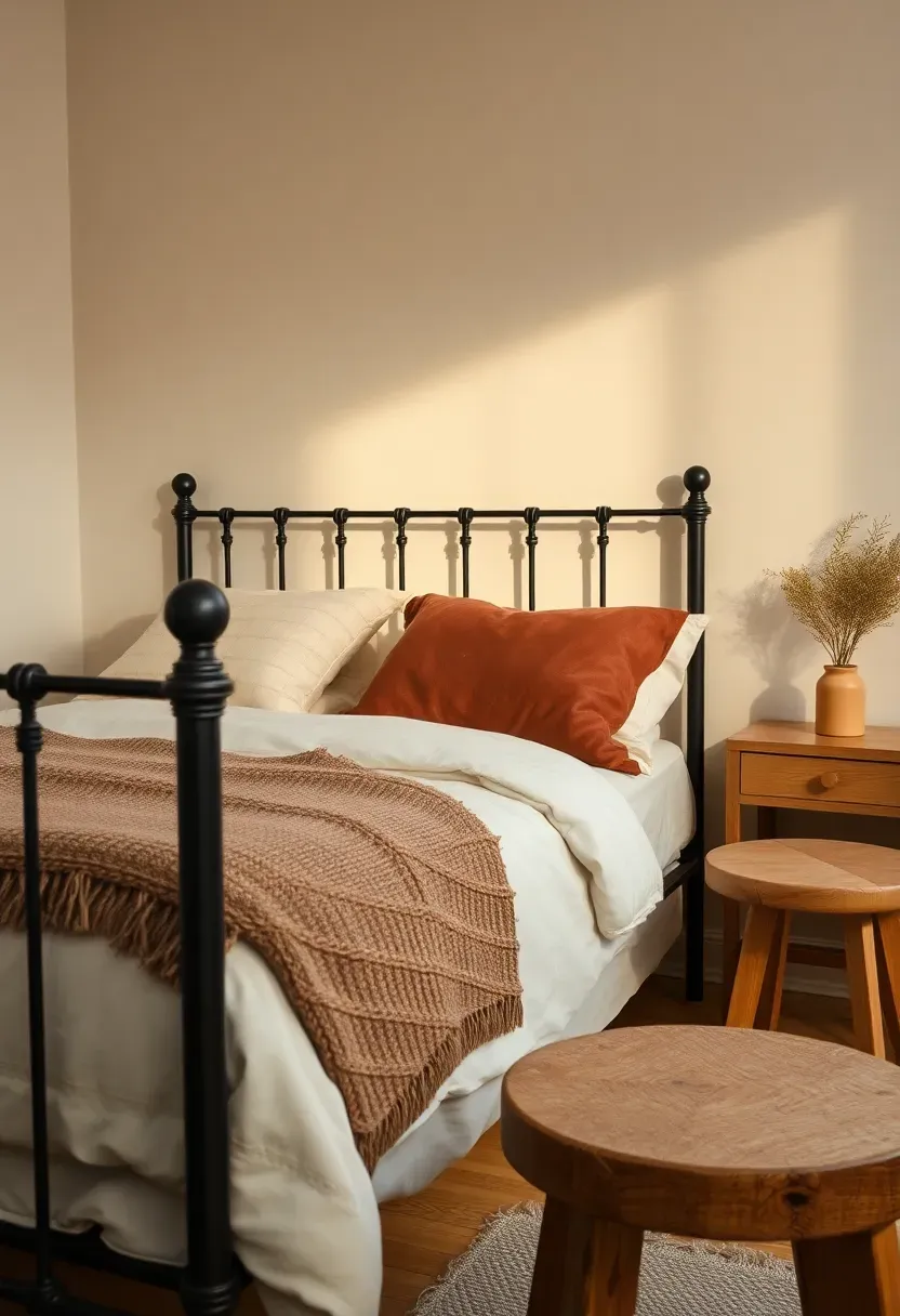 Antique iron bed frame with wool and leather accents