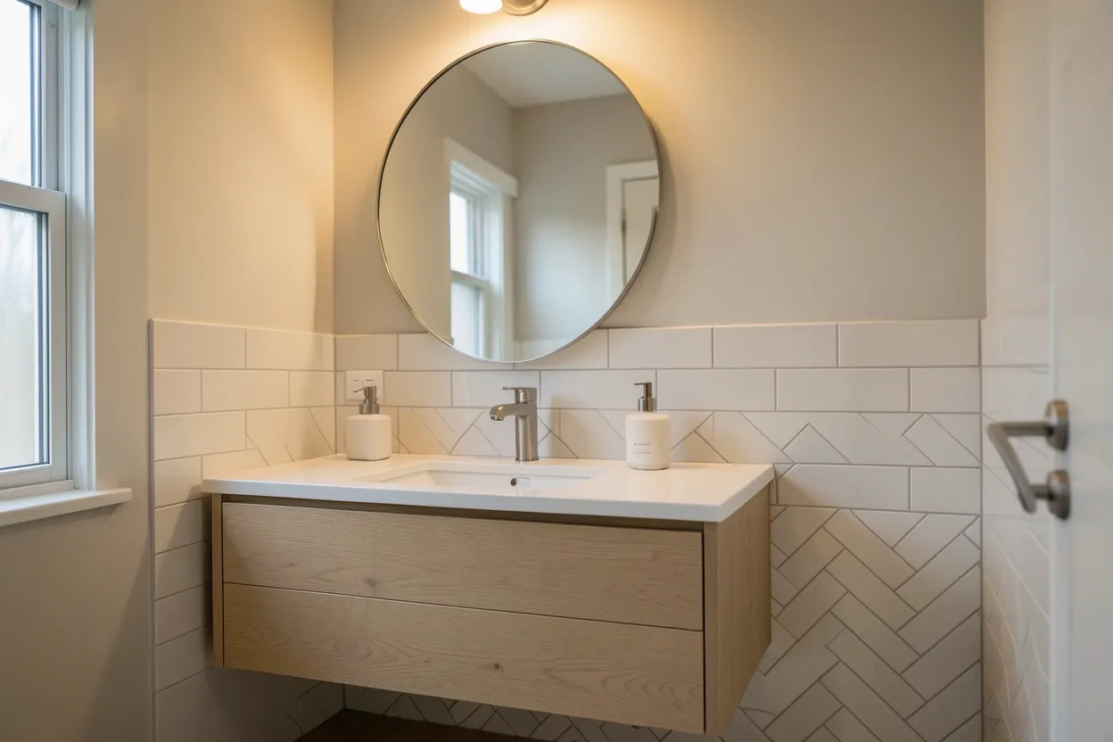 Cozy apartment bathroom with warm wood accents, soft neutral tiles, layered lighting, and spa-like decor for a rental-friendly small space