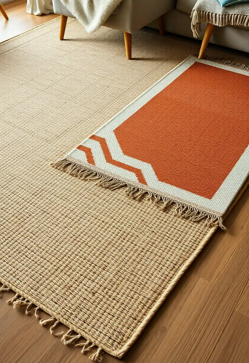 Hyper-realistic elevated 3/4 view of an earthy boho living room floor showing layered rugs—a large natural jute rug covering most of the floor area, with a smaller geometric wool rug in cream and rust layered asymmetrically on top, plus a third flatwoven runner partially visible. Furniture legs resting on multiple rug layers. Warm wood floor visible at edges. Materials: chunky jute with coarse weave, wool rug with subtle geometric pattern in terracotta and cream, flatwoven cotton rug, oak flooring. Natural daylight showing textural contrasts between rug layers. Organic asymmetrical arrangement characteristic of boho styling. Shallow depth of field showing rug texture foreground with furniture and room context beyond. No text, no logos, no watermarks.</p>