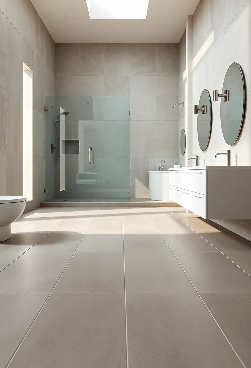 Large format porcelain floor tiles in a warm gray tone installed in a spacious bathroom with minimal grout lines and a walk-in shower
