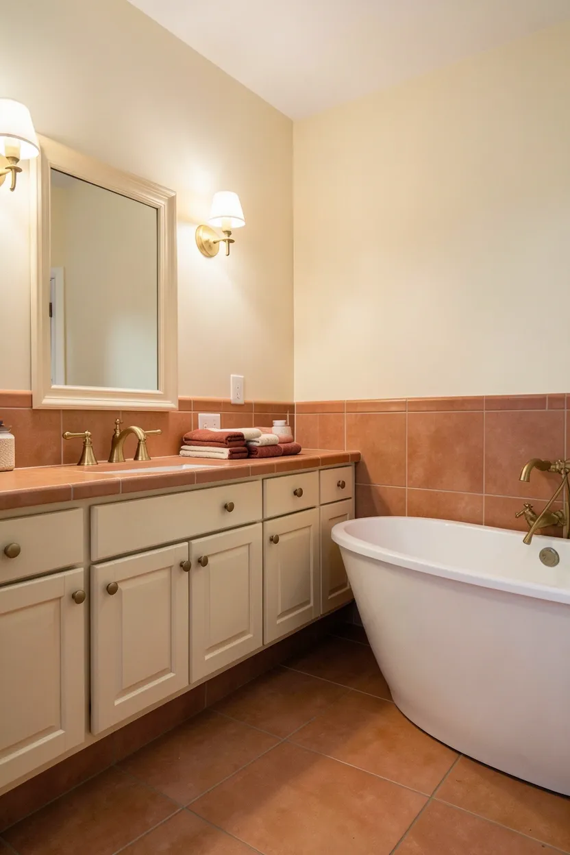 Hyper-realistic 3/4 view of a bathroom with terracotta and cream color harmony. Walls painted in cream, large format floor tiles in warm terracotta. Vanity in cream ceramic with terracotta countertop. Towels in terracotta and cream tones folded neatly. Brass fixtures provide warm metallic accents. White freestanding tub creates bright focal point. Warm ambient lighting from brass wall sconces. Mirror with cream frame. No text, no logos, no watermarks.</p>