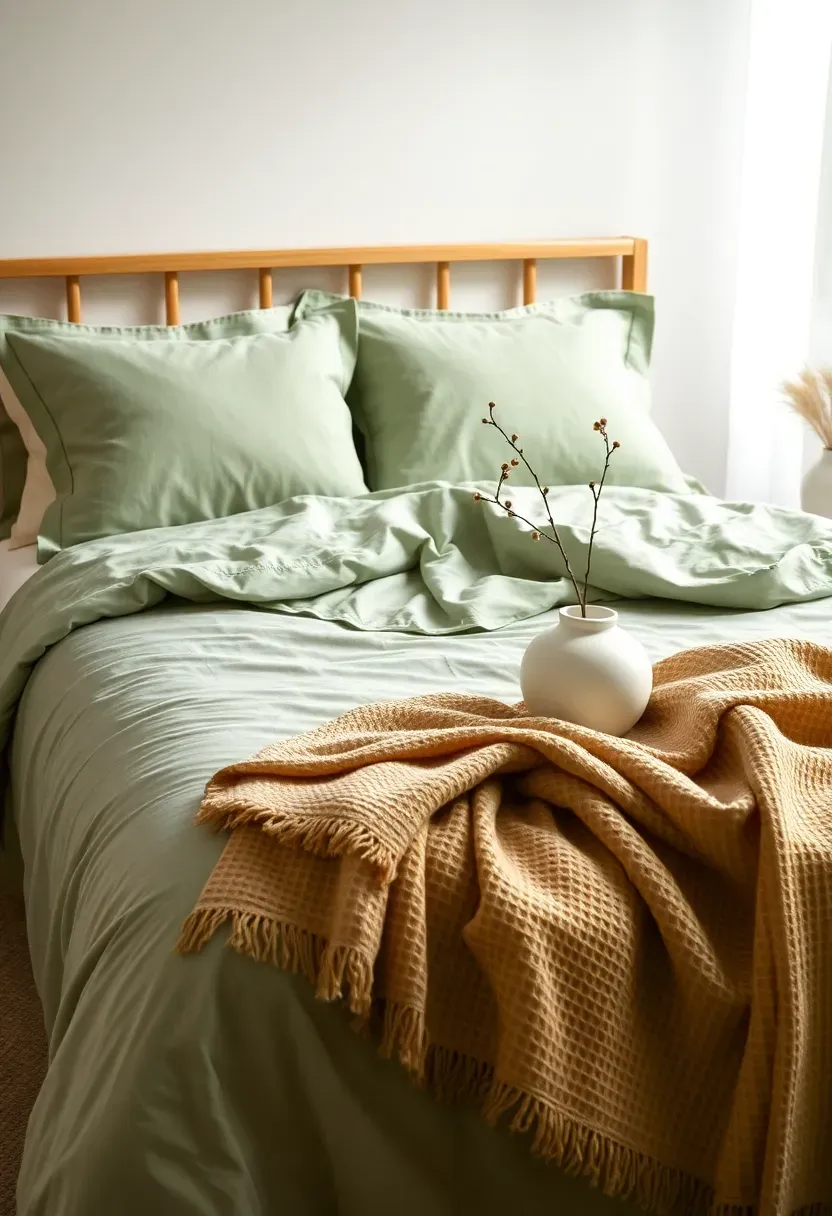 dorm bed with luxurious coordinated sage green bedding set layered throw blanket and matching pillows