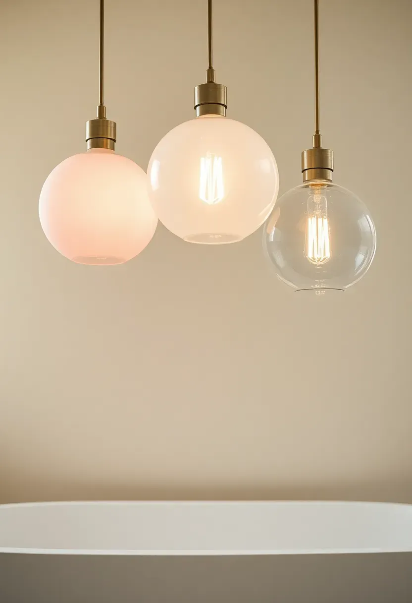 Cluster of bubble-shaped glass pendant lights in soft pastels hanging above a bathtub