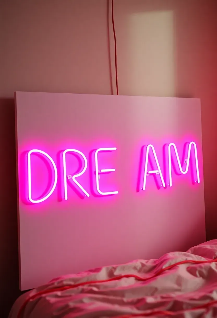 DIY LED neon sign spelling DREAM in pink light mounted on white foam board on a teen bedroom wall