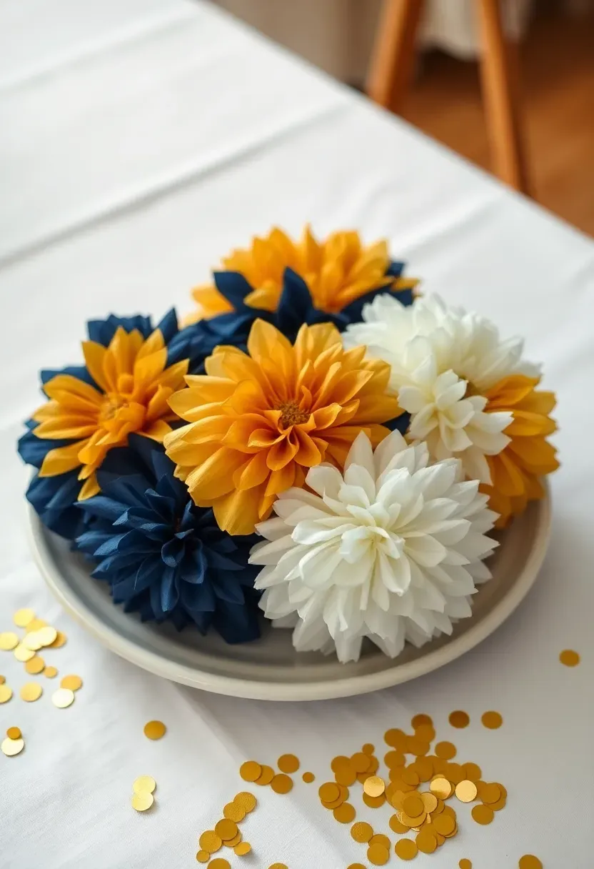 Vibrant tissue paper pom pom burst arrangement in school colors as a graduation table centerpiece