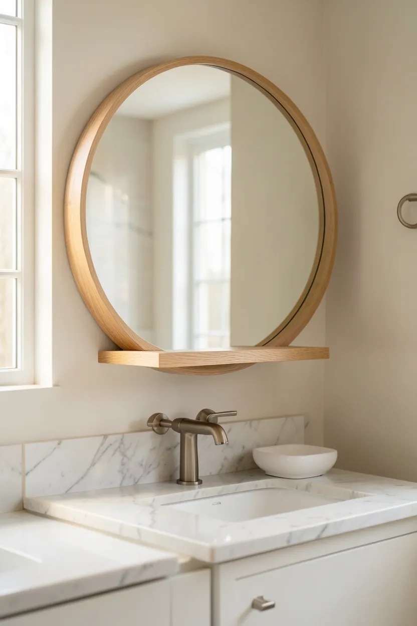 Large round mirror with surrounding shelf storage above bathroom vanity in a compact apartment, reflecting light and maximizing storage in small space