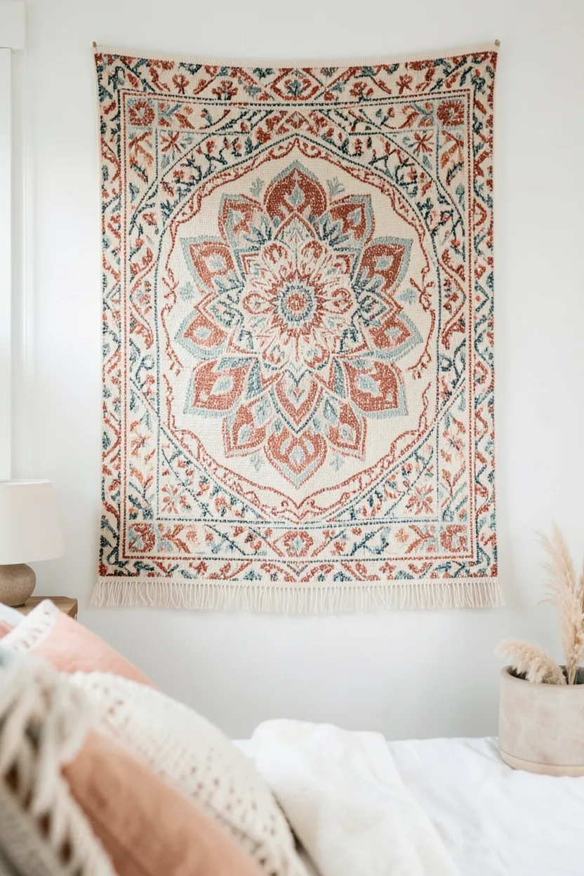 Large woven tapestry with mandala pattern in warm earth tones hung above a boho bedroom bed as a headboard alternative