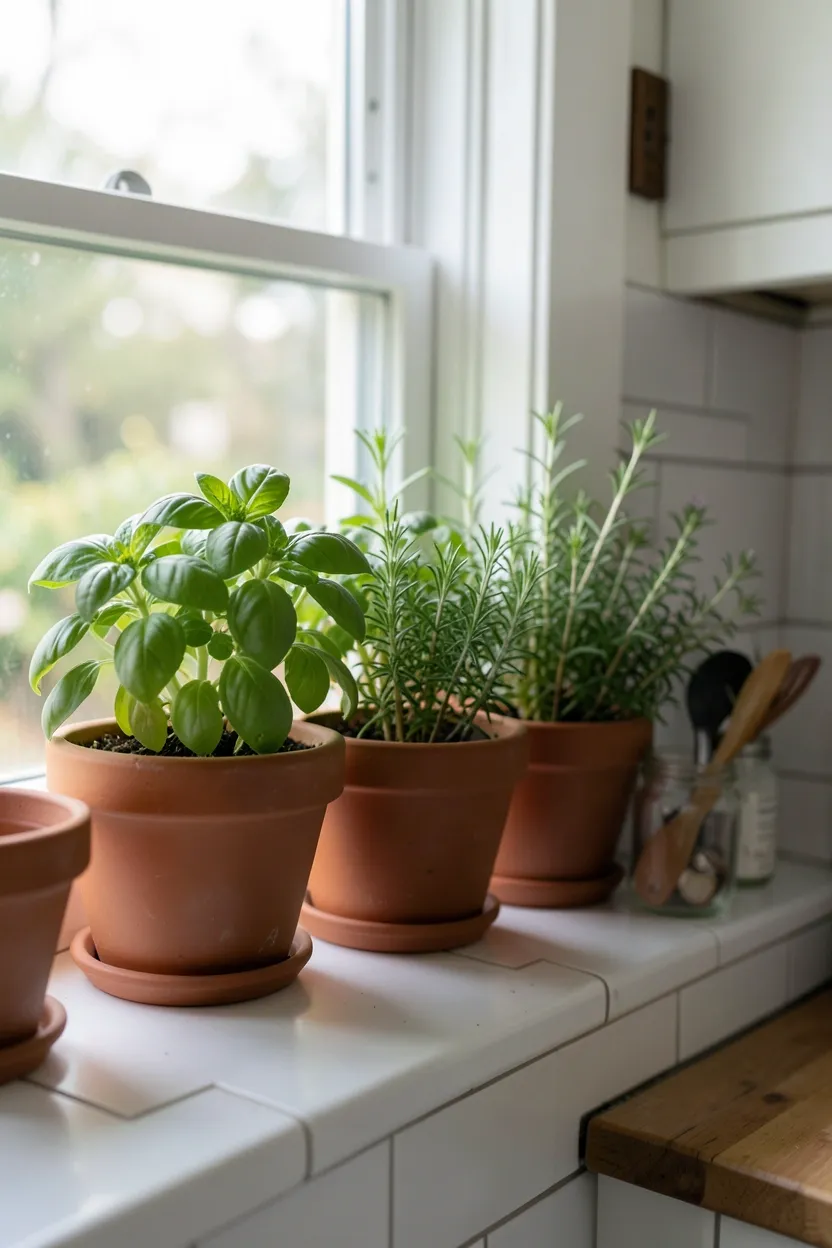 Fresh herb garden in terracotta pots on a sunny kitchen windowsill — basil, thyme, and rosemary for cottage charm