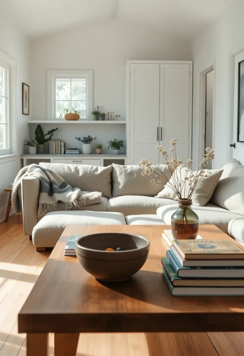 Hyper-realistic interior view of tiny house living area showing minimalist curated possessions with intentional placement. Materials: light wood floors, white walls, built-in shelving with carefully arranged books and plants, linen sofa with wool throw, ceramic bowl with fruit on wooden coffee table. Natural light from large windows creating bright airy atmosphere with soft shadows highlighting intentional object placement. Shallow depth of field focusing on coffee table arrangement with visible thoughtfully selected items including pottery, books, and single vase with wildflowers. Background shows built-in storage with closed cabinet doors maintaining clean visual aesthetic. Serene organized atmosphere. No text, no logos, no watermarks.</p>