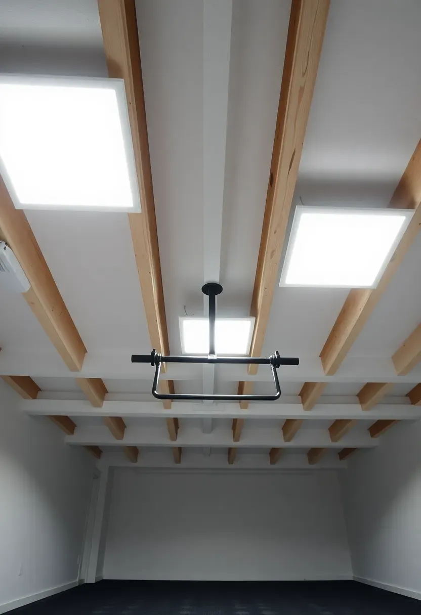 Basement gym ceiling with flush-mounted LED panel lights casting bright even light across a workout space with white walls