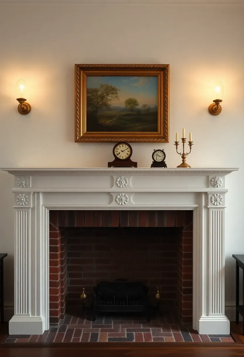 white painted federal style fireplace mantel with fluted pilasters and a landscape painting above