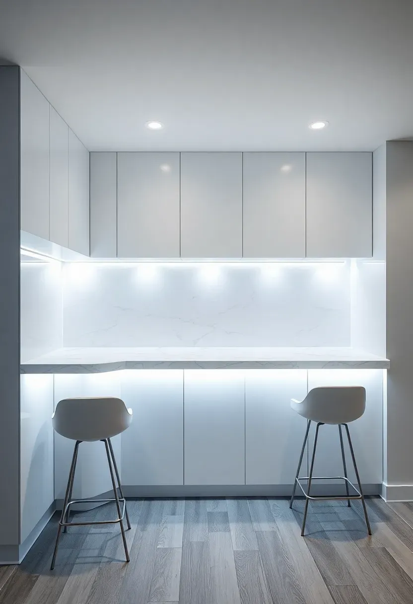 Sleek minimalist basement bar with white quartz waterfall countertop, flat-panel white cabinets, and subtle recessed LED lighting