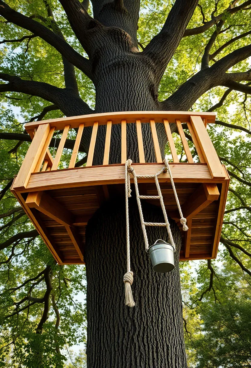 A simple backyard treehouse platform built around a large oak tree trunk at low height, with wooden railings, a rope ladder, and a bucket-and-pulley system