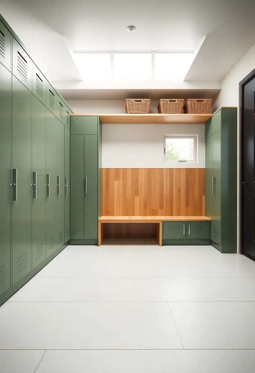 Modern mudroom entryway with full-height metal lockers in sage green, built-in bench, tile floor, and overhead open shelf