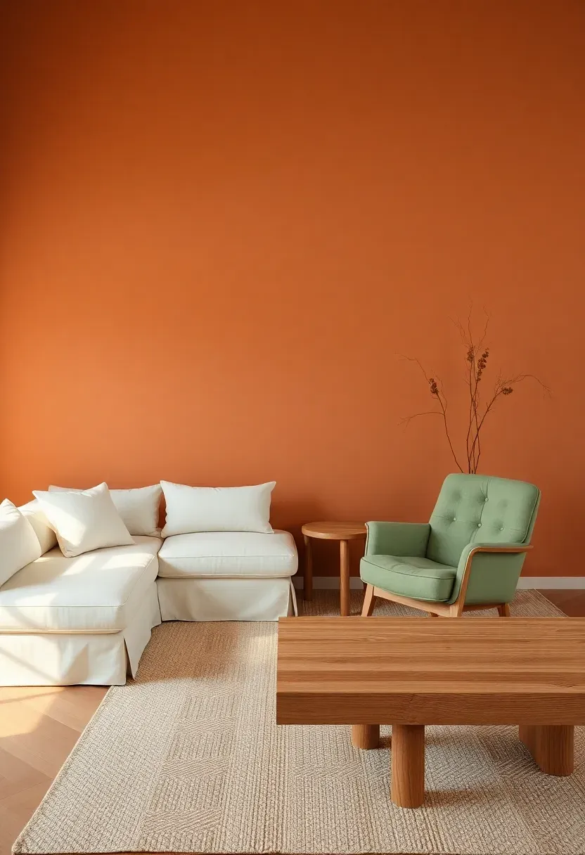 Hyper-realistic 3/4 view of a minimalist living room with pale terracotta walls, cream sectional, sage green accent chair, wood coffee table. Materials: matte terracotta paint, cream linen, sage green velvet, light oak wood. Warm diffused light, earthy orange shadows. Shallow depth of field, organic modern composition. No text, no logos, no watermarks.</p>