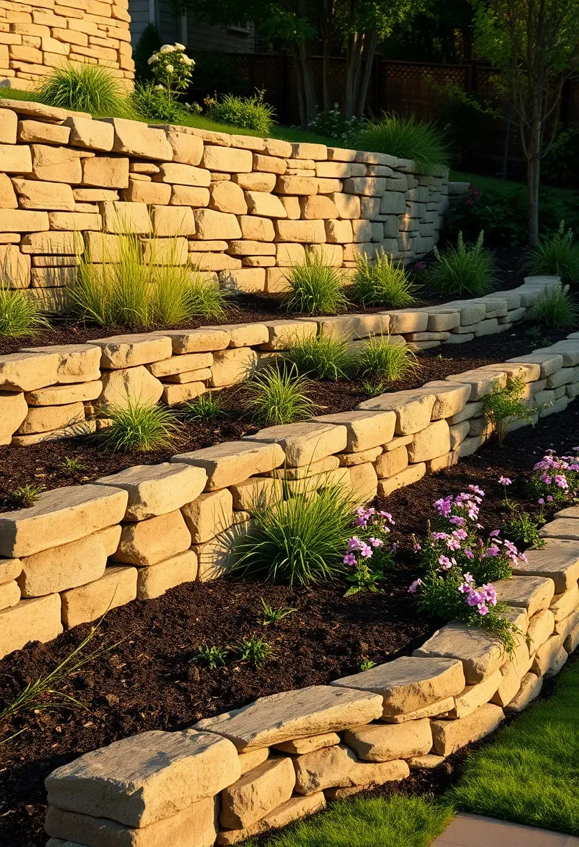 Multi-level backyard with stacked stone retaining walls creating terraced garden beds on a sloped yard