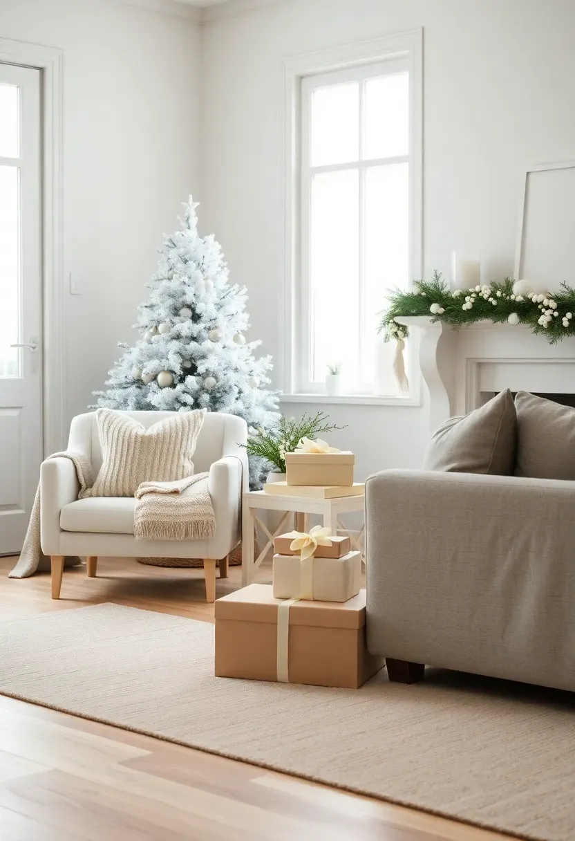 Hyper-realistic 3/4 view of neutral-toned Christmas living room: white armchair with cream knit throw, taupe velvet cushions, gray linen sofa, oatmeal wool rug, light wood floor. Decor includes white ceramic tree, cream gift boxes with craft paper and velvet ribbon, matte white ornaments in glass bowl, pine garland with white berries on mantel. Materials: matte ceramic, wool, linen, velvet, craft paper, satin ribbon, fresh pine. Soft diffused daylight (4500K) from window creating subtle shadows on neutral palette, serene minimal mood like Kinfolk magazine, shallow depth of field with sharp texture details foreground, visible room context with white walls and wood trim. No text logos watermarks.</p>
