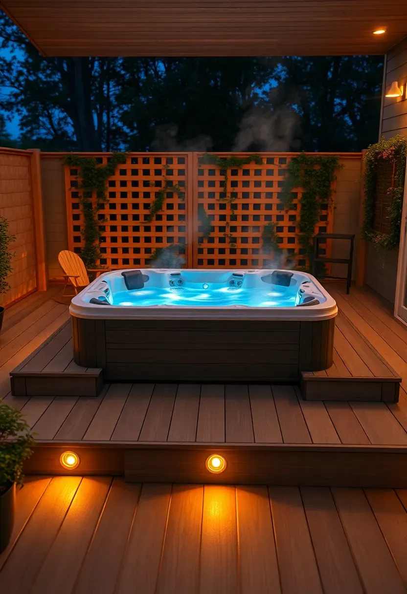 Spacious backyard deck with a sunken hot tub surrounded by wide composite decking, privacy lattice with climbing plants, and recessed step lighting