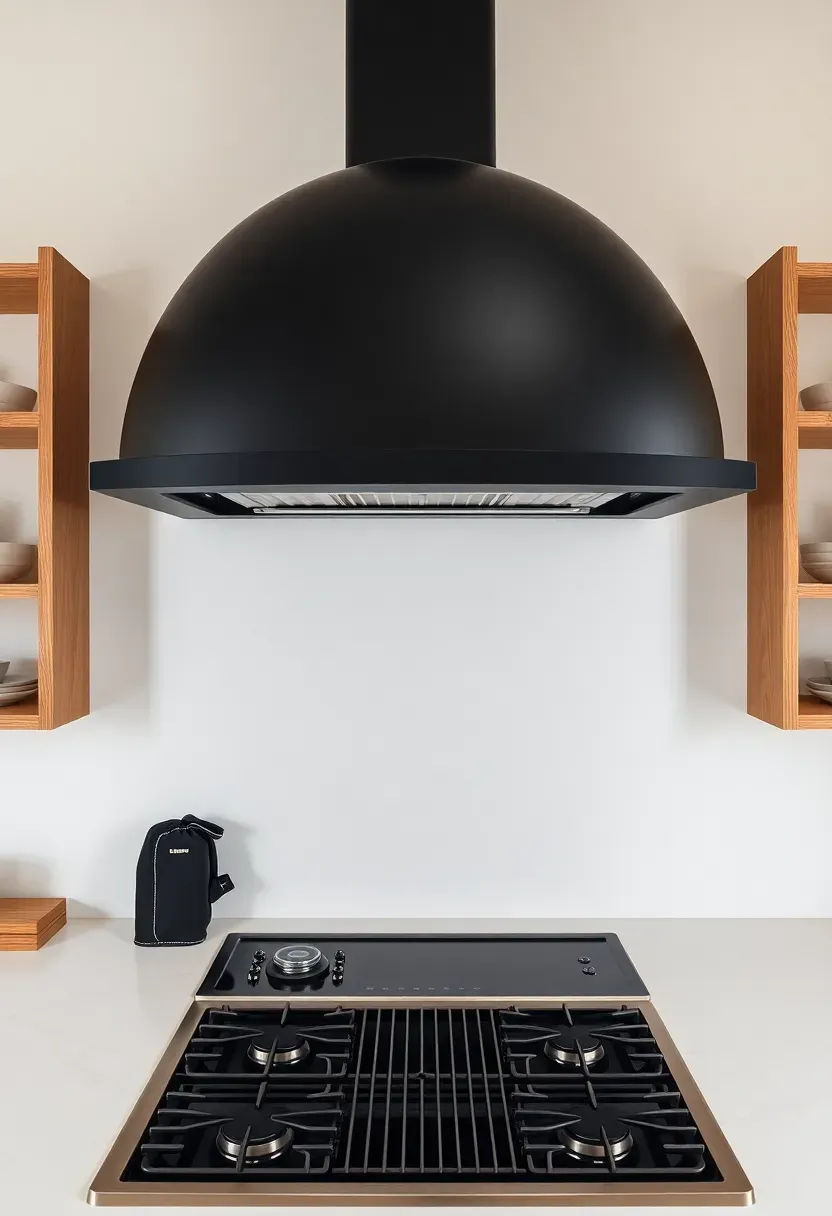 Statement matte black dome range hood mounted on a white wall above a small gas cooktop in a compact kitchen with open shelving on both sides