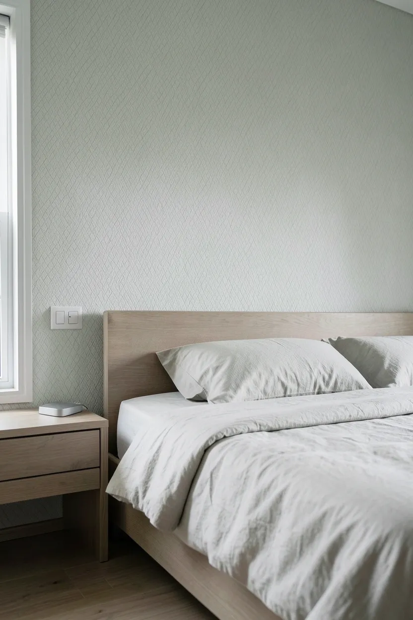 Subtle sage green tone-on-tone wallpaper on a bedroom accent wall with solid white bedding and oak furniture