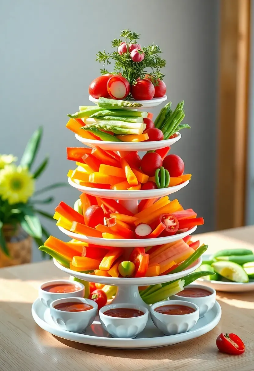 tiered crudite tower for a baby shower with rainbow vegetables arranged by color on a tall multi-level stand with ranch and hummus dipping sauces at the base