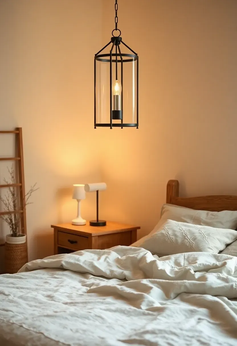 Farmhouse lantern pendant with quiet bedside glow
