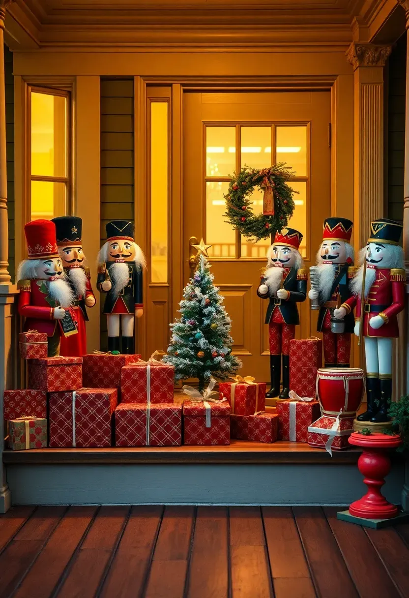 Hyper-realistic 3/4 view of a whimsical nutcracker front porch Christmas scene. Materials: collection of traditional nutcrackers in varied sizes from 12 to 48 inches tall, arranged across porch steps with tallest flanking the front door, wrapped gift boxes in red and gold paper stacked around, small flocked Christmas tree with colored lights, wooden toy soldier, red drum. Warm interior light spilling onto porch (3000K), wood plank floor, Victorian-style house exterior with detailed trim. Playful theatrical mood like Christmas ballet set. Shallow depth of field, sharp details on nutcracker painting and costume elements, collected storytelling composition. No text, no logos, no watermarks.</p>