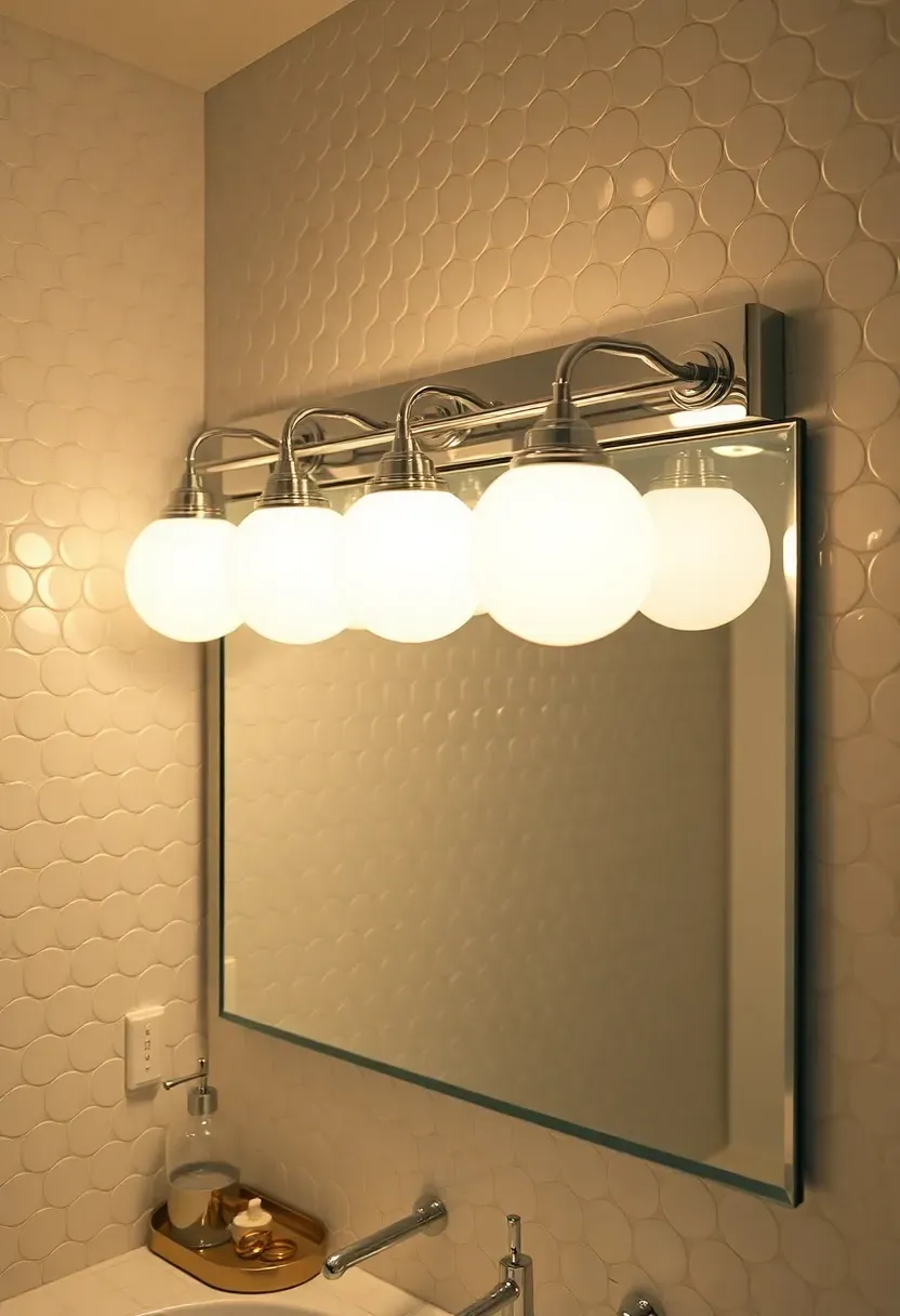 Row of opal glass globe lights on a chrome strip fixture above a bathroom mirror with penny tile backsplash