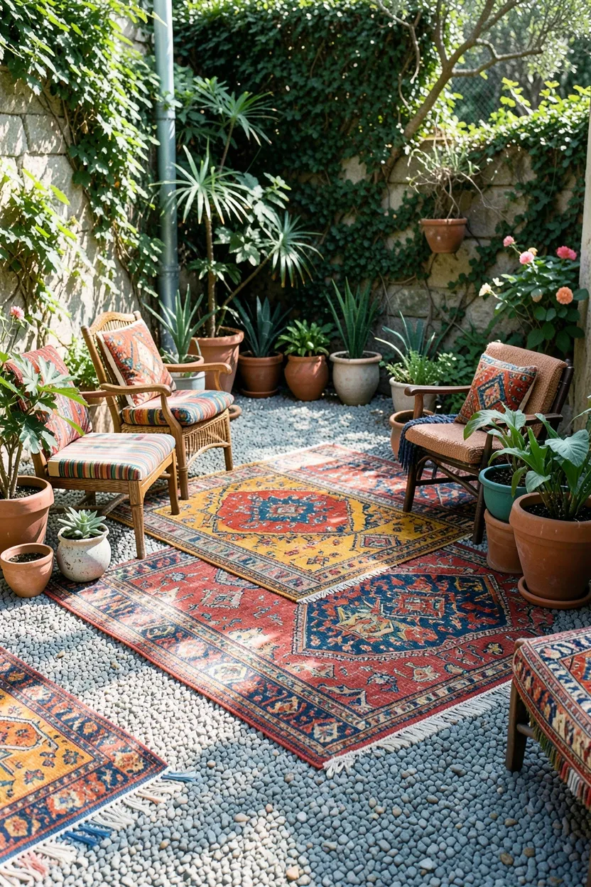 Pea Gravel Patio with Bohemian Style
