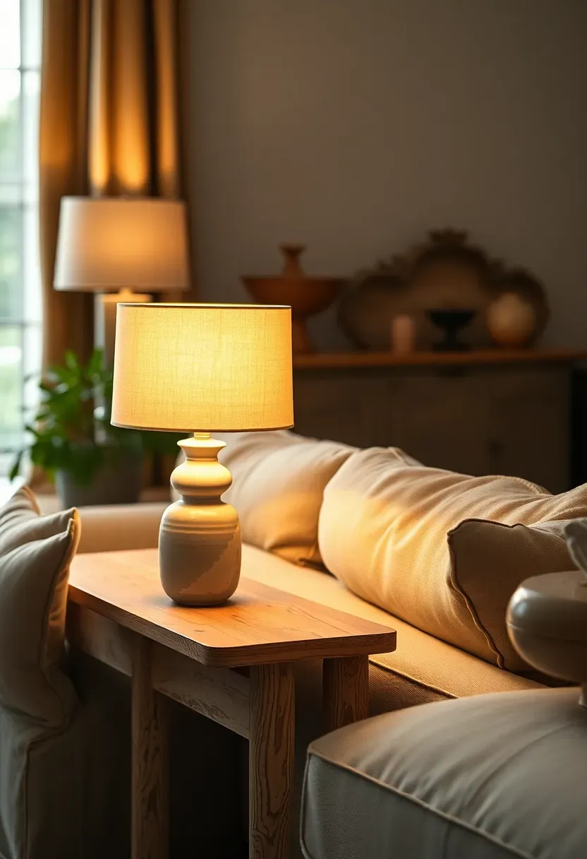 Pair of handmade ceramic table lamps with natural linen drum shades on distressed wooden side tables