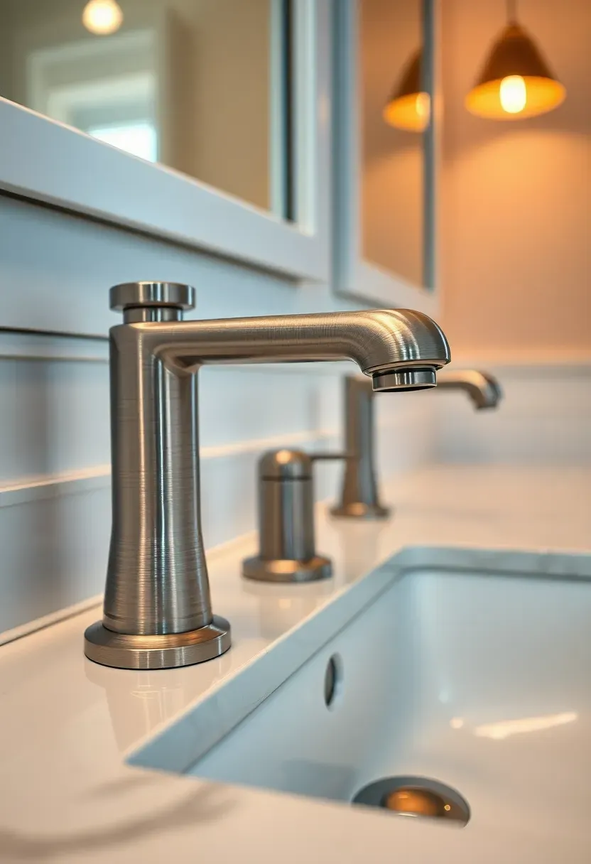Brushed brass bathroom faucet with matching cabinet pulls replacing dated chrome hardware — budget rental bathroom update