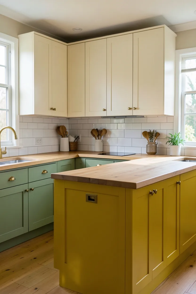 Hyper-realistic eye-level photograph of a boho kitchen with mix-and-matched cabinet colors. Lower cabinets are in warm sage green, while upper cabinets are cream white. The island features mustard yellow cabinets with light wood countertop. All cabinet styles are shaker with brass pulls. White subway tile backsplash. Natural light streaming through windows highlighting the cabinet colors. Materials: painted wood in sage green, cream, and mustard yellow, light oak, brass. Eclectic and colorful boho mood. Sharp focus on the color transitions and cabinet details. No text, no logos, no watermarks.</p>